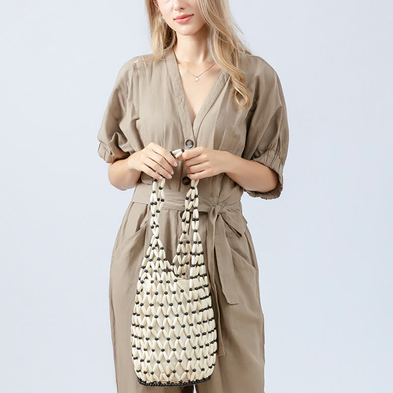 Buddha Stones Hand-woven Wooden Beads Bucket Shoulder Bag Handbag - image 15