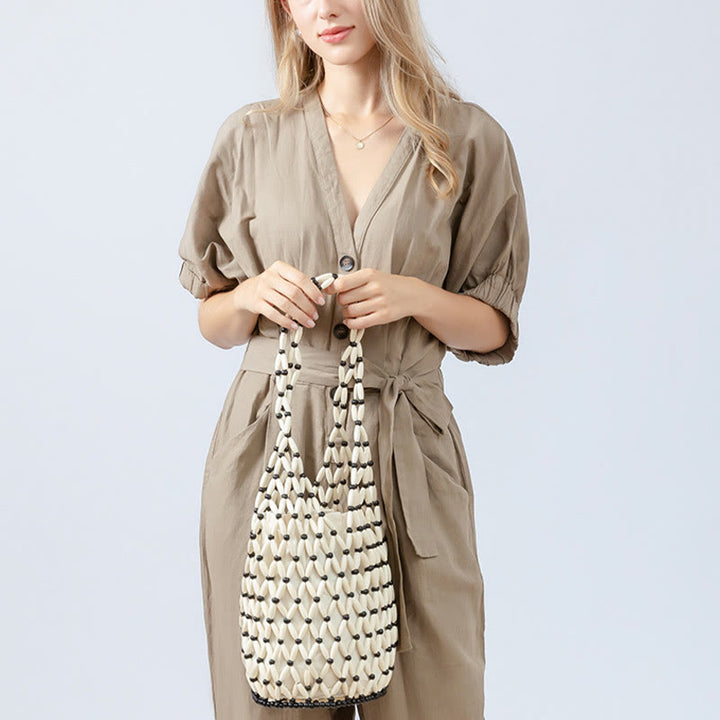 Buddha Stones Hand-woven Wooden Beads Bucket Shoulder Bag Handbag - image 15