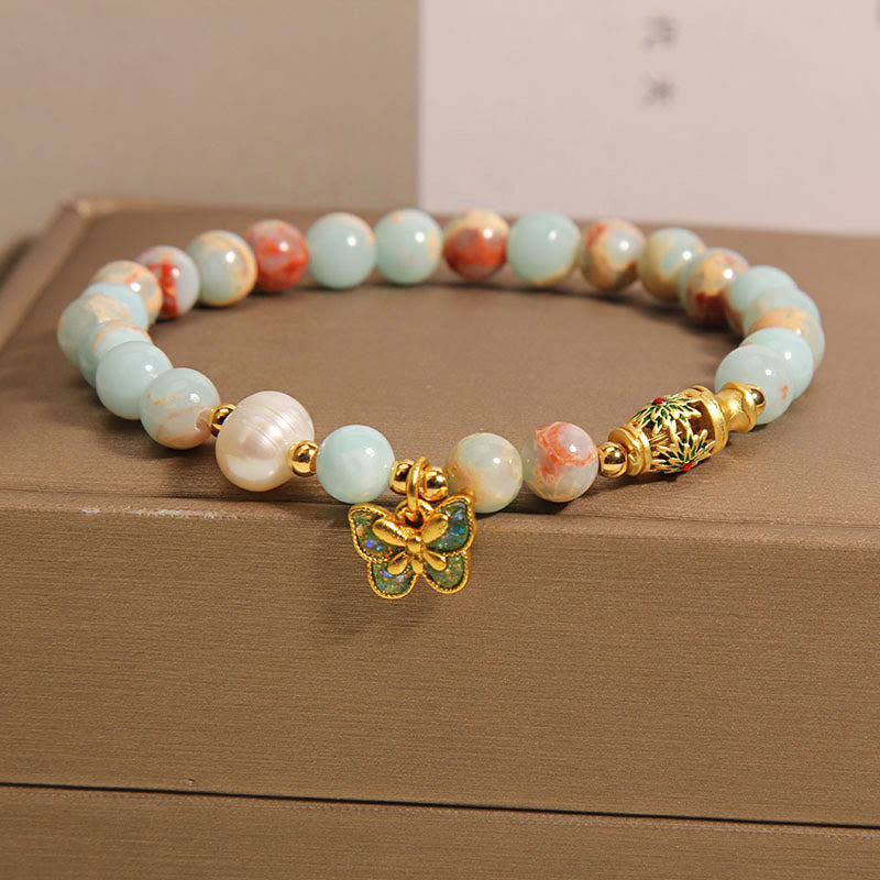 Buddha Stones Shoushan Stone Pearl Butterfly Wealth Bracelet - image 1