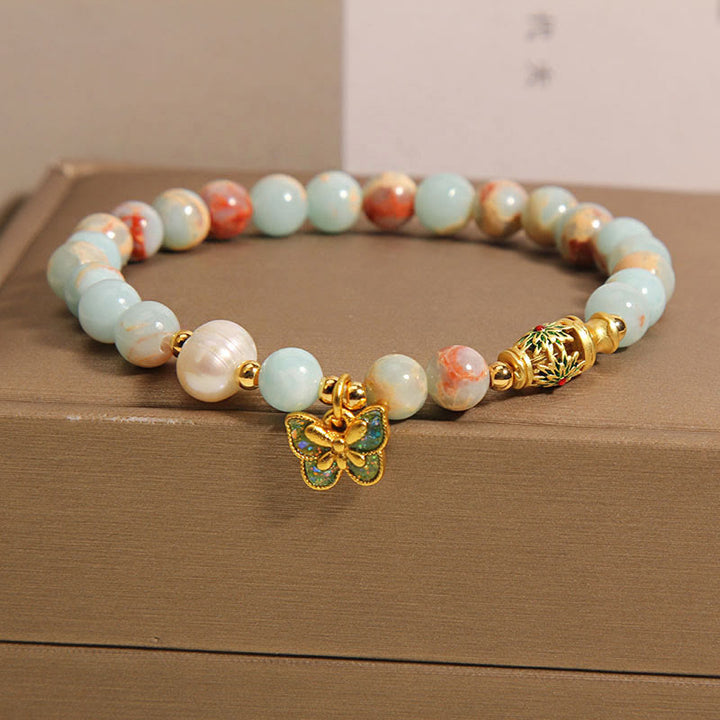 Buddha Stones Shoushan Stone Pearl Butterfly Wealth Bracelet - image 1