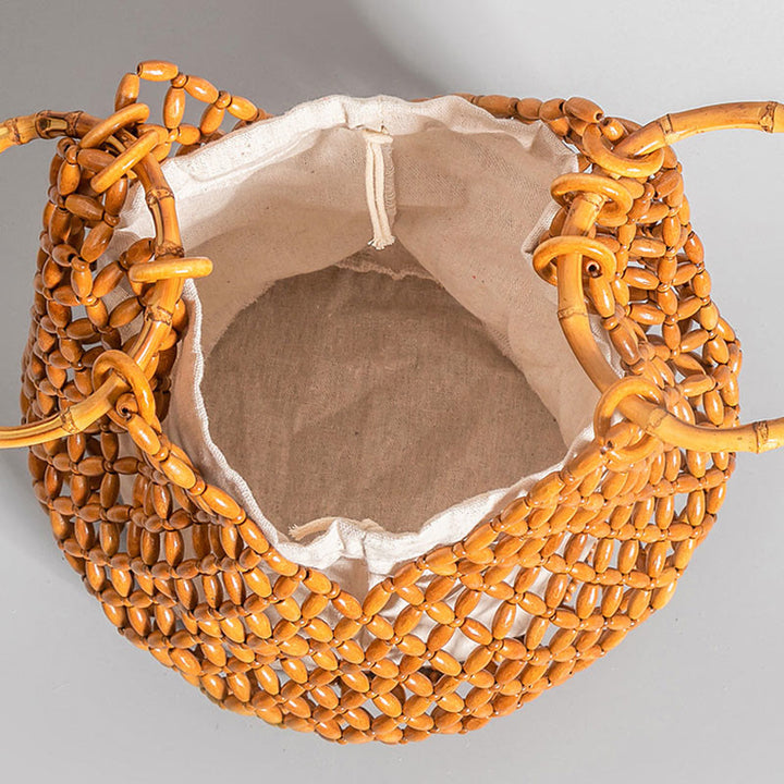 Buddha Stones Hand-woven Wooden Beads Bamboo Handle Shoulder Bag Handbag - image 11