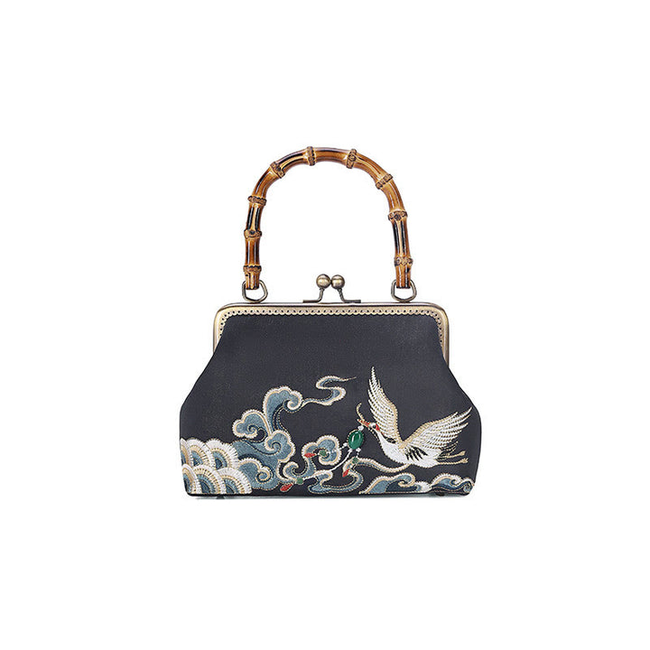 Buddha Stones Auspicious Clouds Cranes Embroidery Bamboo Handle Handbag Crossbody Bag - image 3