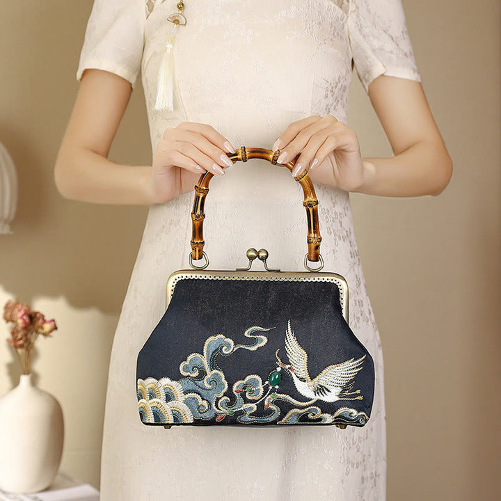 Buddha Stones Auspicious Clouds Cranes Embroidery Bamboo Handle Handbag Crossbody Bag - Auspicious Clouds Cranes Black 24*8.5*16.5cm - image 0