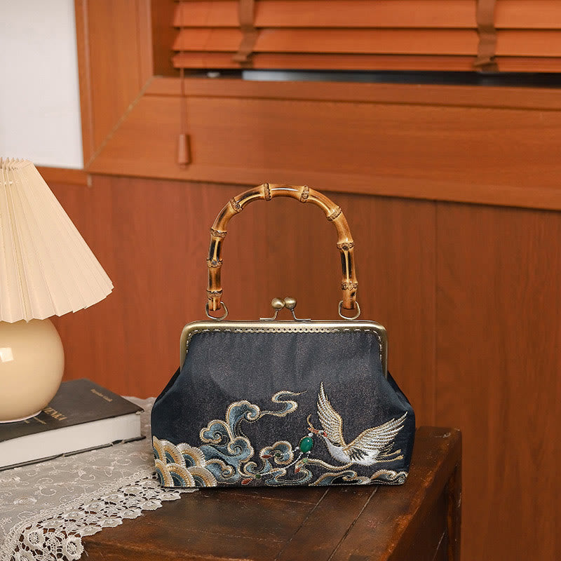 Buddha Stones Auspicious Clouds Cranes Embroidery Bamboo Handle Handbag Crossbody Bag - image 1