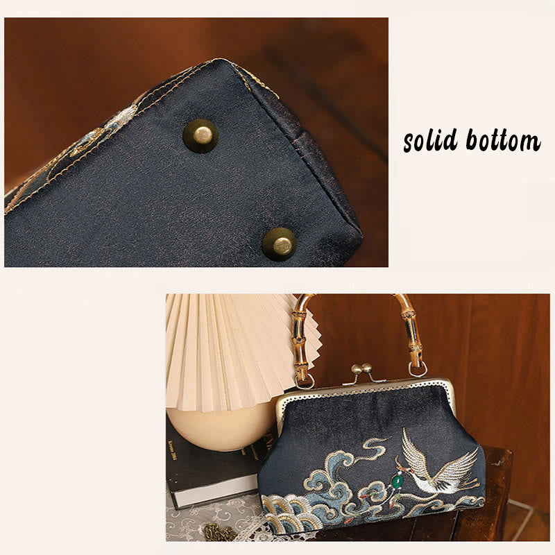 Buddha Stones Auspicious Clouds Cranes Embroidery Bamboo Handle Handbag Crossbody Bag - image 8