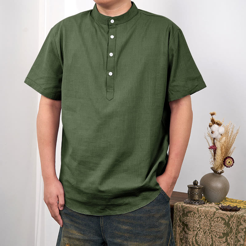 Buddha Stones Men's Plain Color Short Sleeve Half Button Cotton Linen Shirt - OliveDrab - US/UK/AU44,EU54 (3XL) - image 10