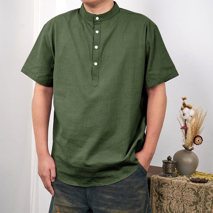 Buddha Stones Men's Plain Color Short Sleeve Half Button Cotton Linen Shirt - OliveDrab - US/UK/AU44,EU54 (3XL) - image 10