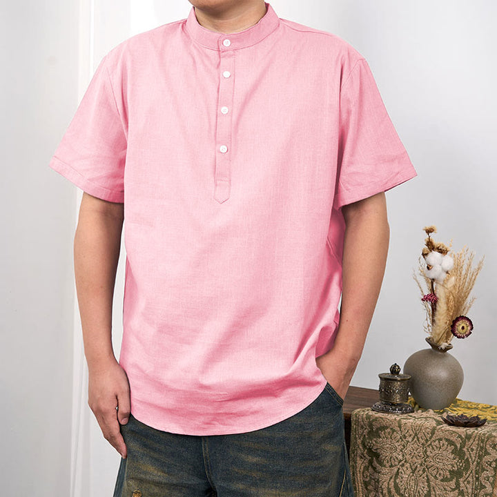 Buddha Stones Men's Plain Color Short Sleeve Half Button Cotton Linen Shirt - PeachPuff - US/UK/AU44,EU54 (3XL) - image 11