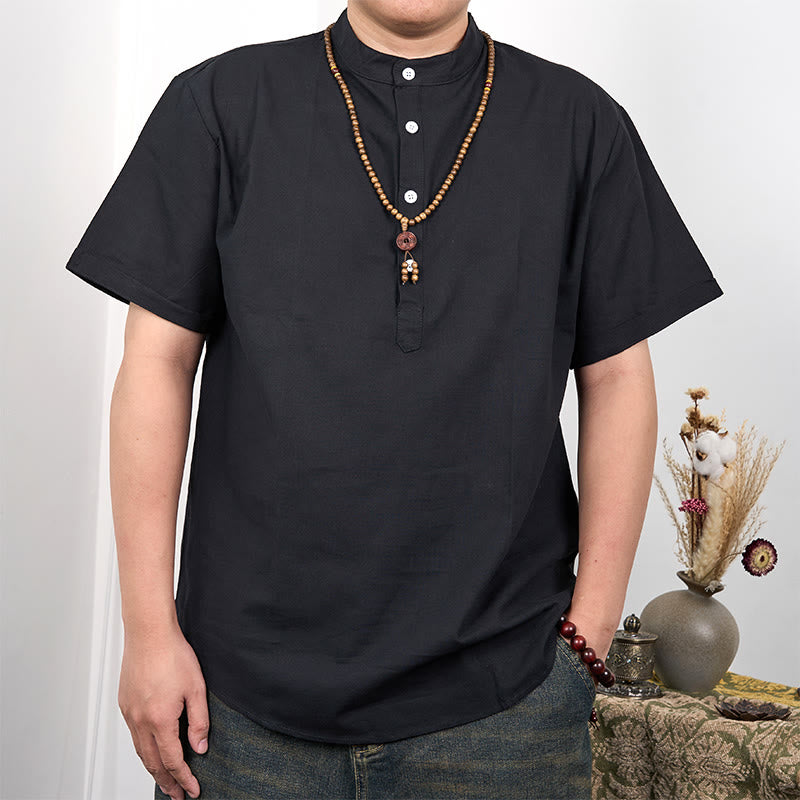 Buddha Stones Men's Plain Color Short Sleeve Half Button Cotton Linen Shirt - Black - US/UK/AU44,EU54 (3XL) - image 3