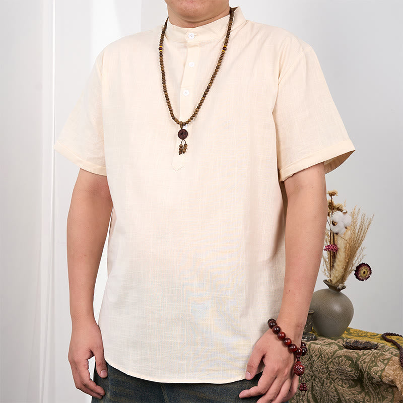 Buddha Stones Men's Plain Color Short Sleeve Half Button Cotton Linen Shirt - Moccasin - US/UK/AU44,EU54 (3XL) - image 0