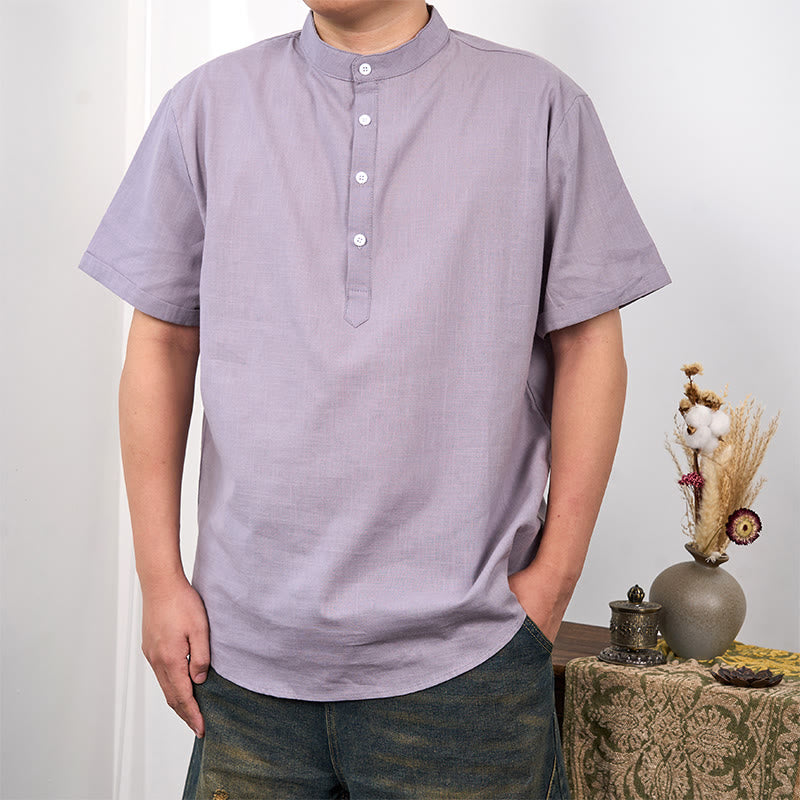 Buddha Stones Men's Plain Color Short Sleeve Half Button Cotton Linen Shirt - DarkGray - US/UK/AU44,EU54 (3XL) - image 7
