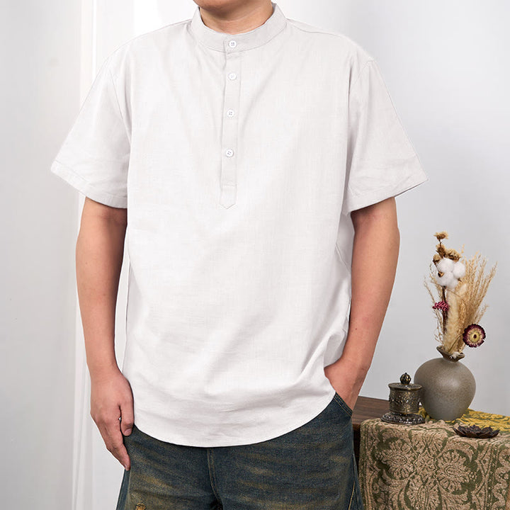 Buddha Stones Men's Plain Color Short Sleeve Half Button Cotton Linen Shirt - White - US/UK/AU44,EU54 (3XL) - image 2