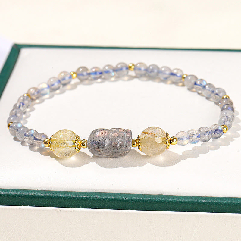 Buddha Stones Moonstone Strawberry Quartz Tourmaline PiXiu Healing Bracelet - image 1