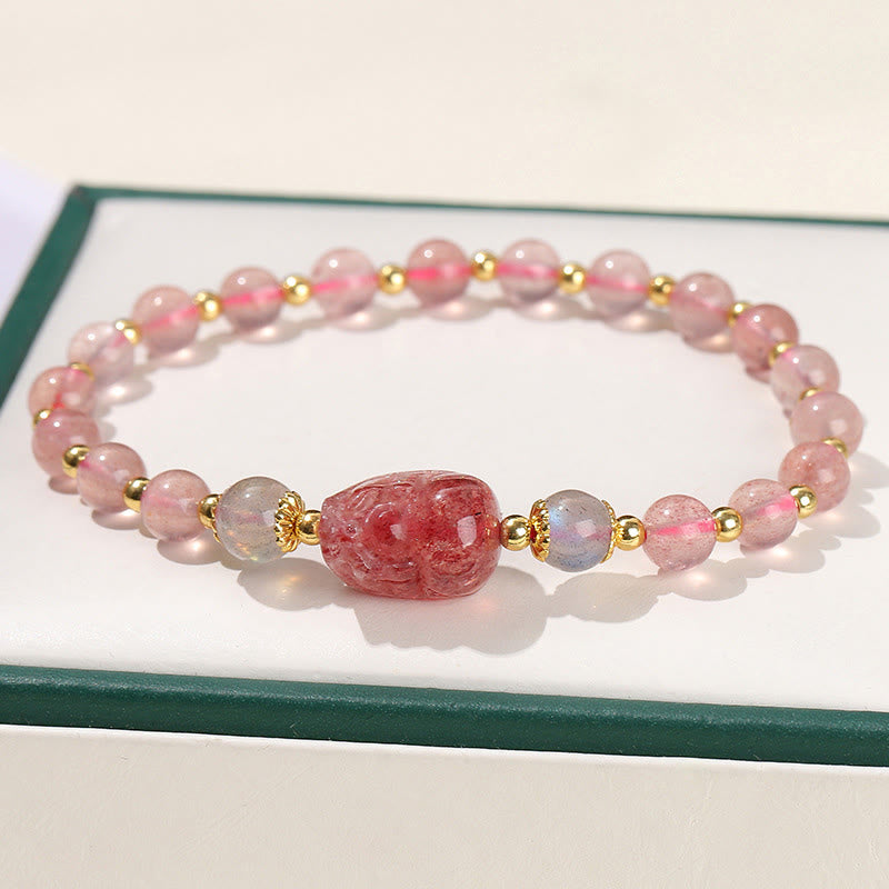 Buddha Stones Moonstone Strawberry Quartz Tourmaline PiXiu Healing Bracelet - Strawberry Quartz(Wrist Circumference 14-16cm) - image 4