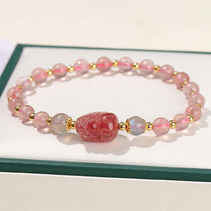Buddha Stones Moonstone Strawberry Quartz Tourmaline PiXiu Healing Bracelet - Strawberry Quartz(Wrist Circumference 14-16cm) - image 4