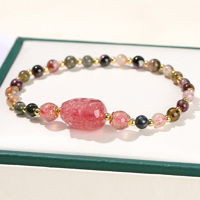 Buddha Stones Moonstone Strawberry Quartz Tourmaline PiXiu Healing Bracelet - Tourmaline(Wrist Circumference 14-16cm) - image 7