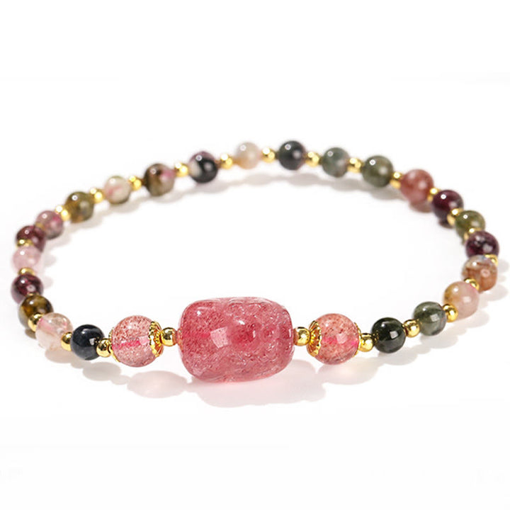 Buddha Stones Moonstone Strawberry Quartz Tourmaline PiXiu Healing Bracelet - image 9
