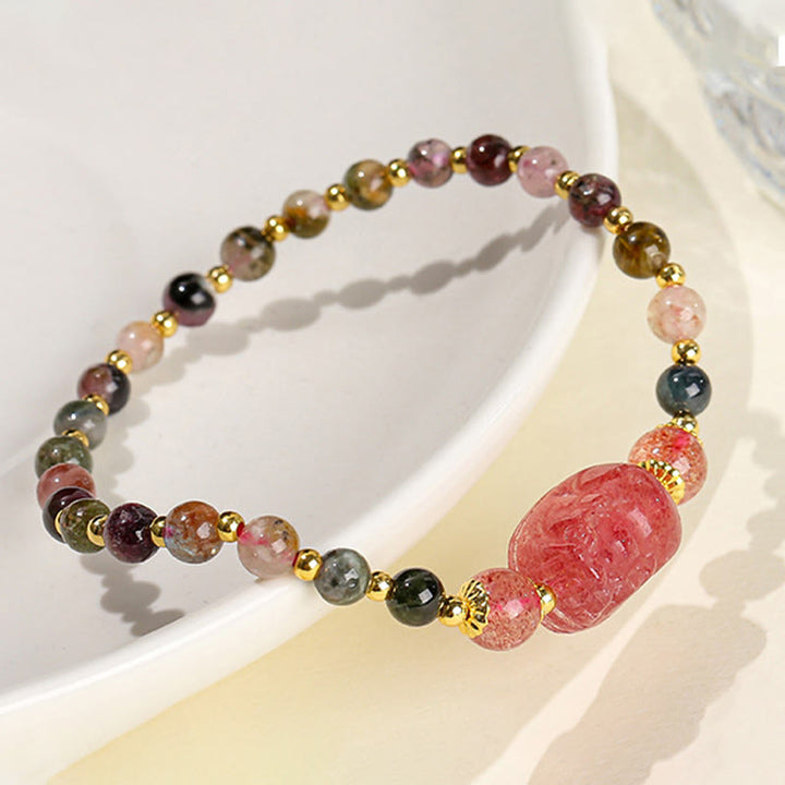 Buddha Stones Moonstone Strawberry Quartz Tourmaline PiXiu Healing Bracelet - image 8