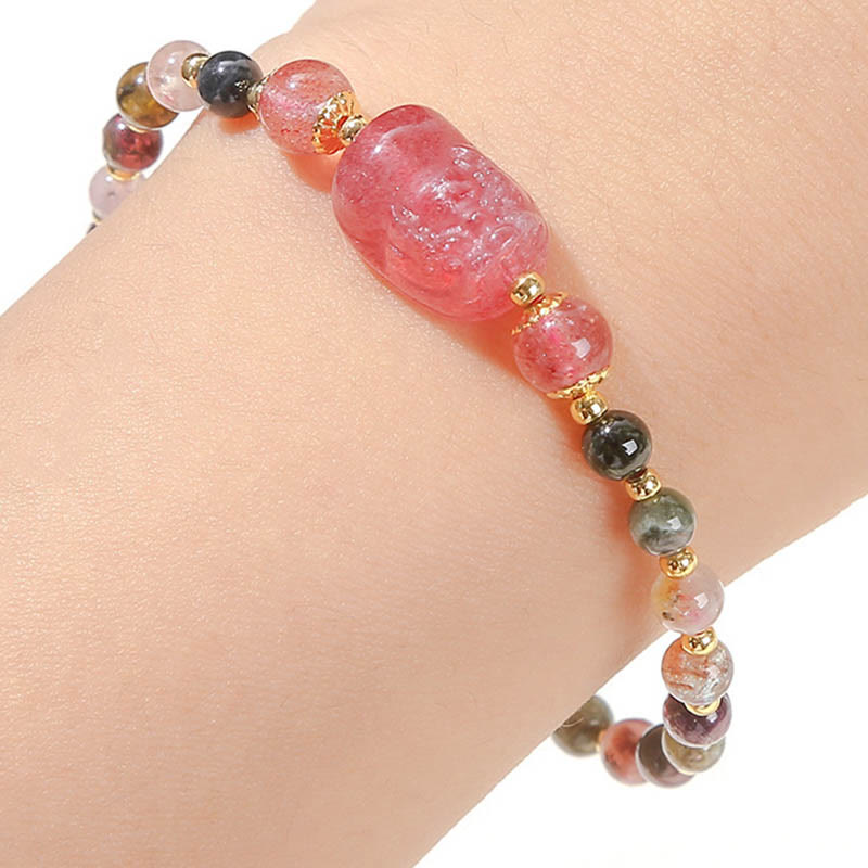 Buddha Stones Moonstone Strawberry Quartz Tourmaline PiXiu Healing Bracelet - image 10