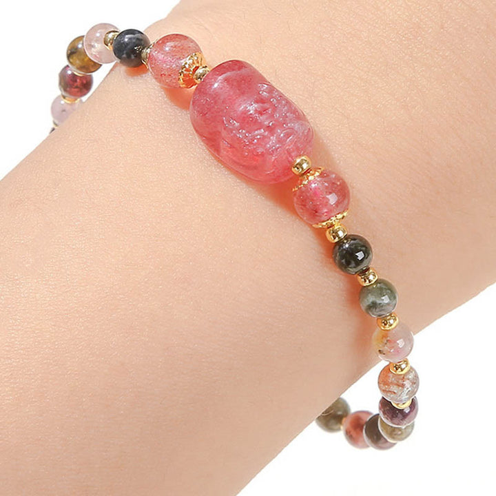 Buddha Stones Moonstone Strawberry Quartz Tourmaline PiXiu Healing Bracelet - image 10