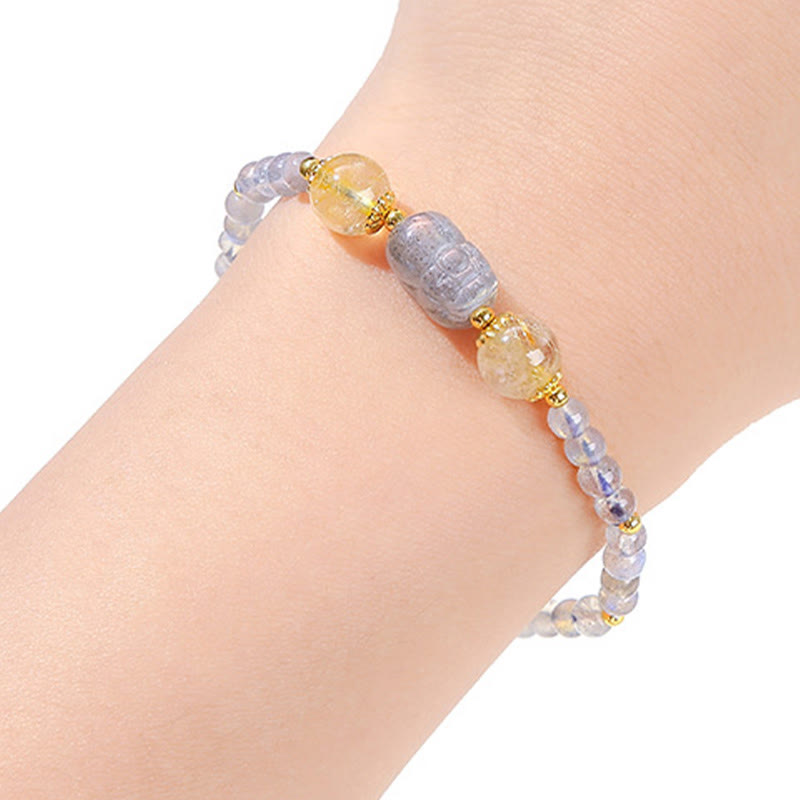 Buddha Stones Moonstone Strawberry Quartz Tourmaline PiXiu Healing Bracelet - image 2
