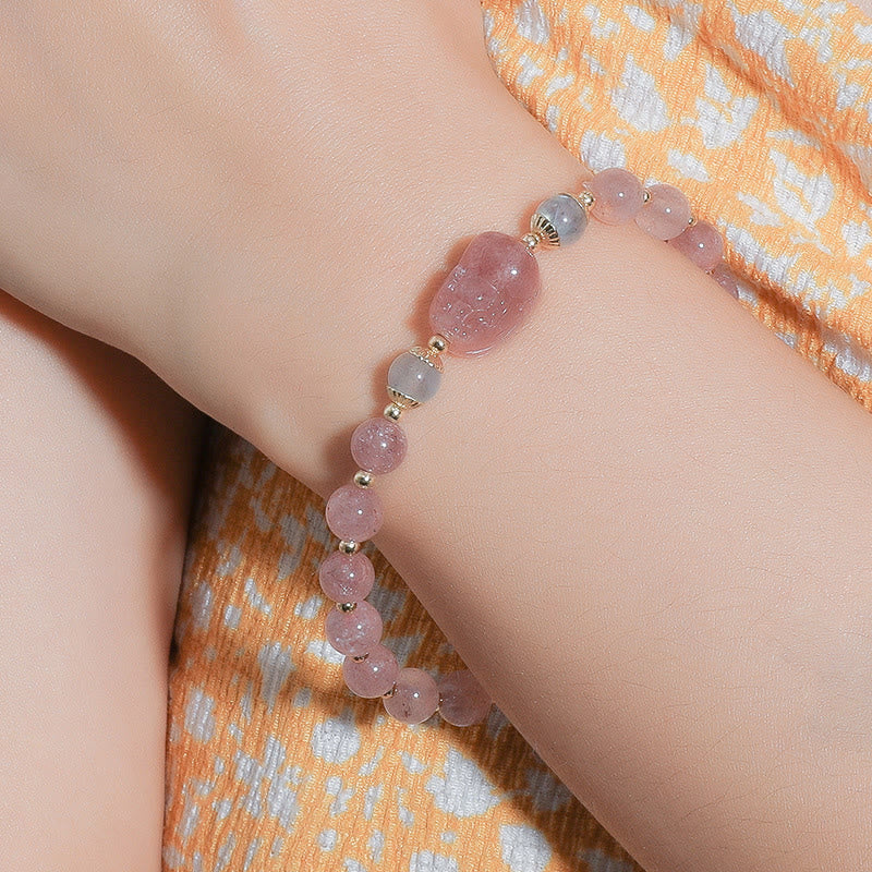 Buddha Stones Moonstone Strawberry Quartz Tourmaline PiXiu Healing Bracelet - image 5