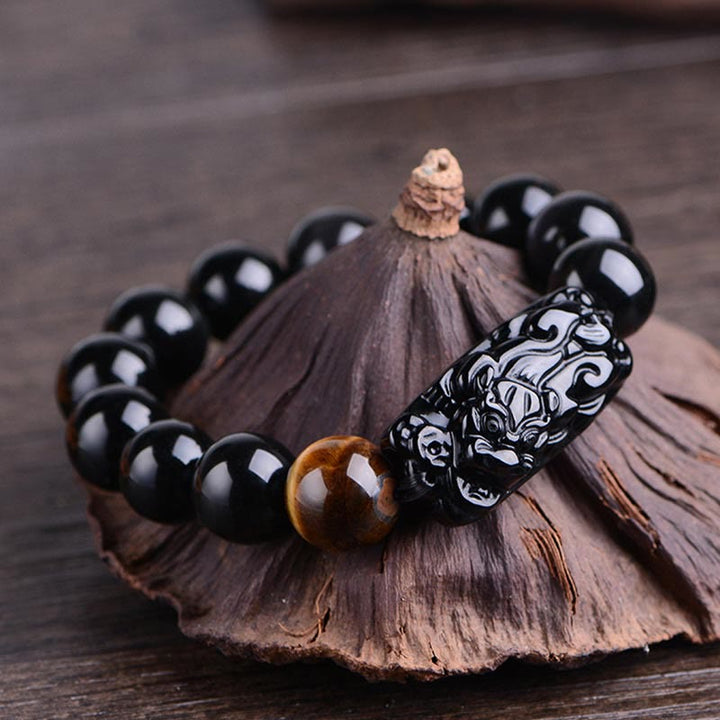 Buddha Stones Natural Black Obsidian PiXiu Tiger's Eye Strength Bracelet - 16mm(Wrist Circumference 17-18.5cm) - image 0