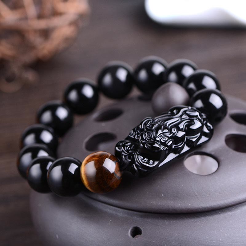 Buddha Stones Natural Black Obsidian PiXiu Tiger's Eye Strength Bracelet - image 3