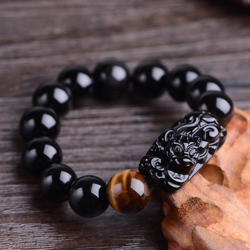 Buddha Stones Natural Black Obsidian PiXiu Tiger's Eye Strength Bracelet - image 1