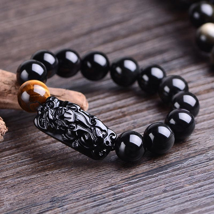 Buddha Stones Natural Black Obsidian PiXiu Tiger's Eye Strength Bracelet - image 2