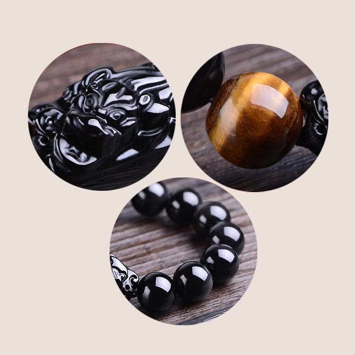 Buddha Stones Natural Black Obsidian PiXiu Tiger's Eye Strength Bracelet - image 13