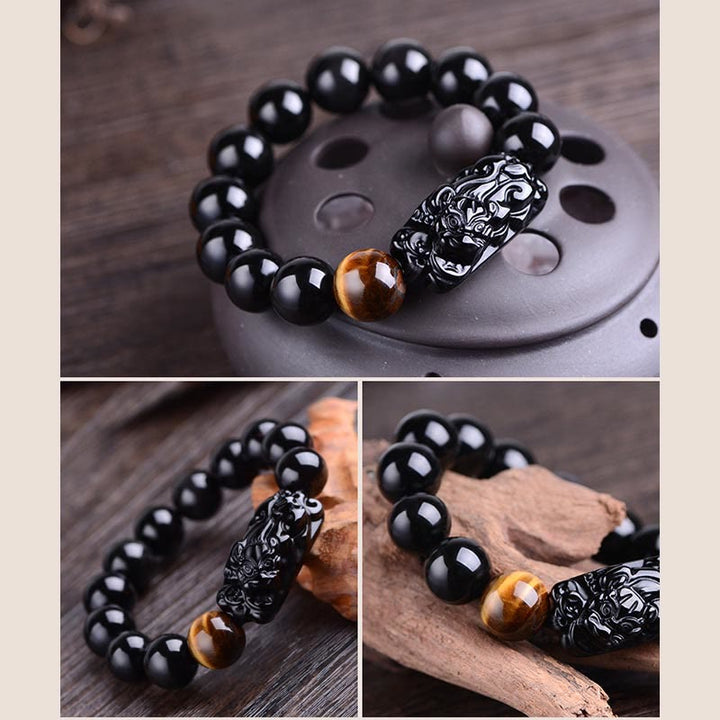 Buddha Stones Natural Black Obsidian PiXiu Tiger's Eye Strength Bracelet - image 10