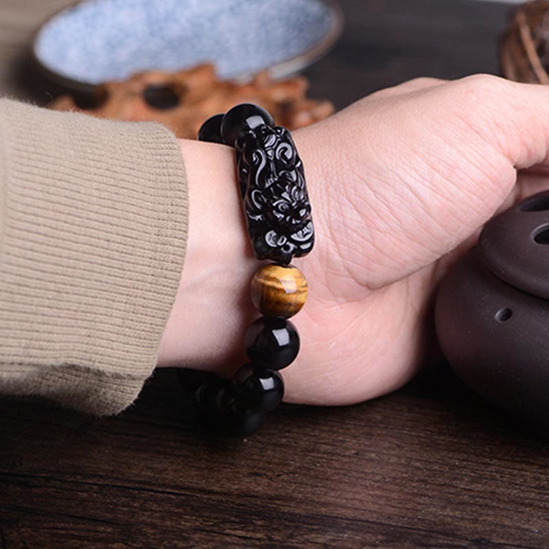Buddha Stones Natural Black Obsidian PiXiu Tiger's Eye Strength Bracelet - image 12