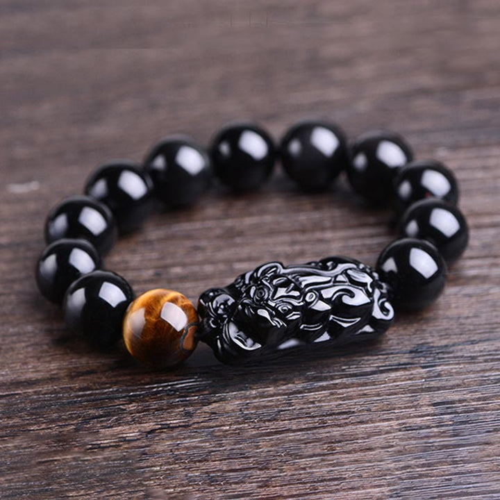 Buddha Stones Natural Black Obsidian PiXiu Tiger's Eye Strength Bracelet - image 8
