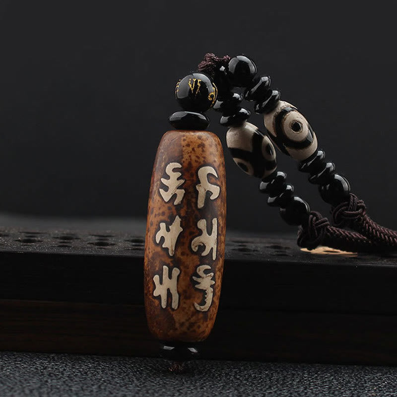 Buddha Stones Tibet Om Mani Padme Hum Dzi Bead Avalokitesvara Pattern Wealth Necklace Pendant - Dzi Bead - image 0