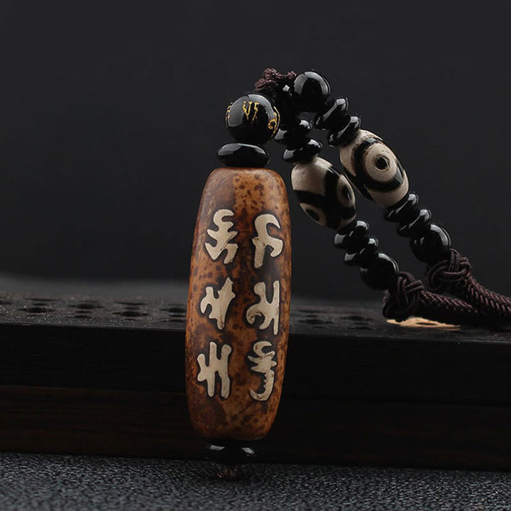 Buddha Stones Tibet Om Mani Padme Hum Dzi Bead Avalokitesvara Pattern Wealth Necklace Pendant - Dzi Bead - image 0