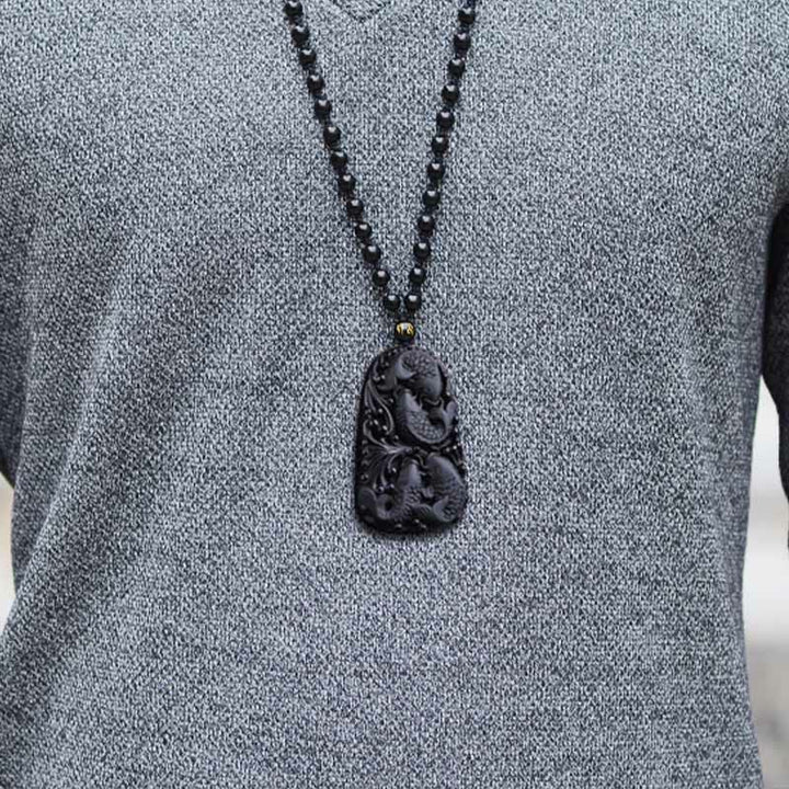 Buddha Stones Black Obsidian Koi Fish Engraved Strength Beaded Necklace Pendant - image 16