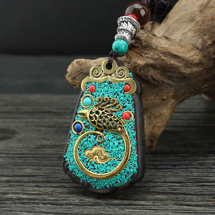 Buddha Stones Tibet God Of Wealth Money Tree Golden Phoenix Thangka Ebony Peace Necklace Pendant - Golden Phoenix - image 13