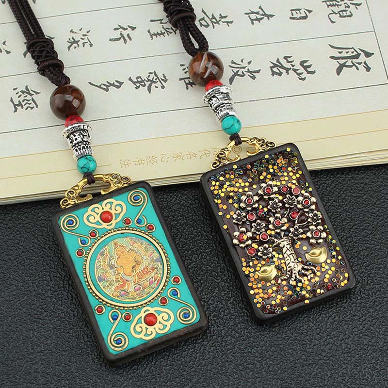 Buddha Stones Tibet God Of Wealth Money Tree Golden Phoenix Thangka Ebony Peace Necklace Pendant - image 1