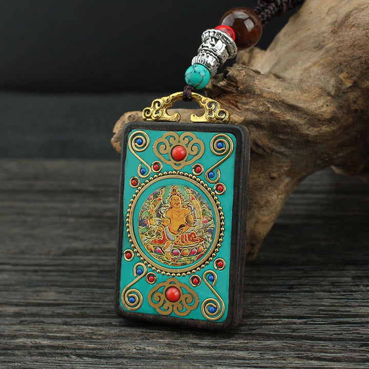 Buddha Stones Tibet God Of Wealth Money Tree Golden Phoenix Thangka Ebony Peace Necklace Pendant - image 4