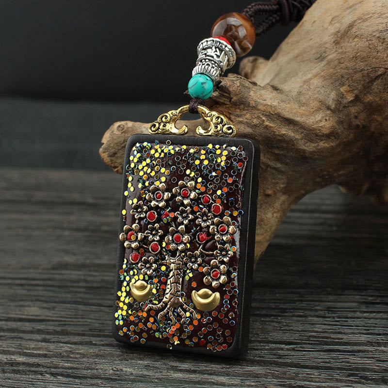 Buddha Stones Tibet God Of Wealth Money Tree Golden Phoenix Thangka Ebony Peace Necklace Pendant - image 10