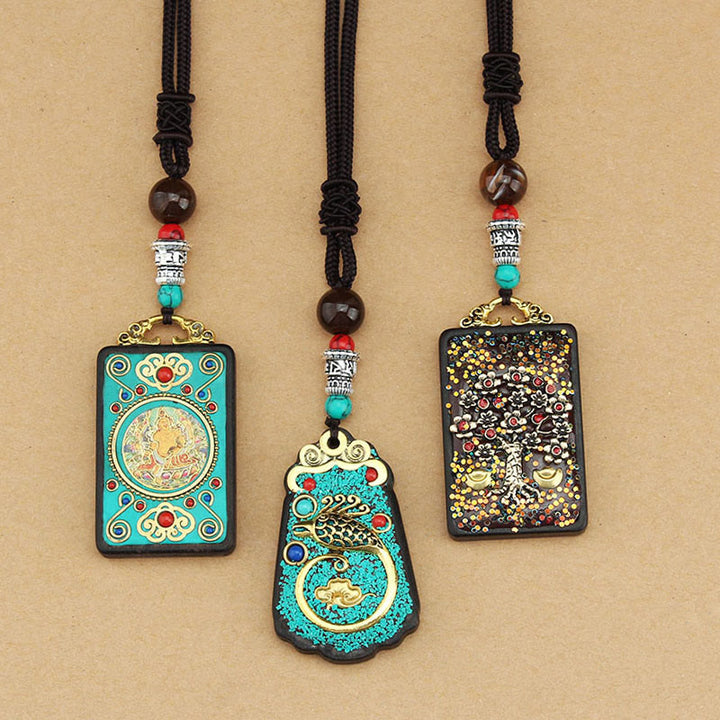 Buddha Stones Tibet God Of Wealth Money Tree Golden Phoenix Thangka Ebony Peace Necklace Pendant - image 16