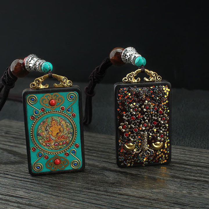 Buddha Stones Tibet God Of Wealth Money Tree Golden Phoenix Thangka Ebony Peace Necklace Pendant - image 0