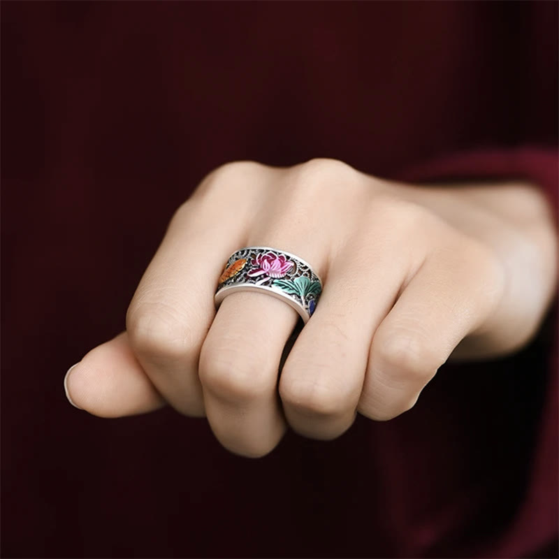 Buddha Stones Copper Blue Enamel Lotus Heart Sutra Koi Fish Luck Ring - image 4