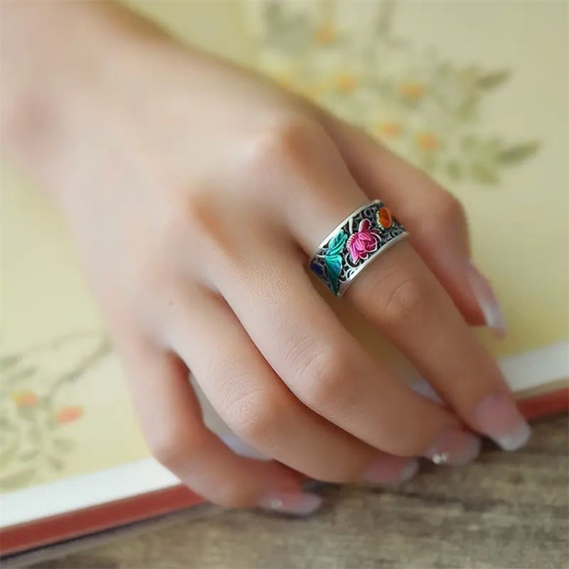 Buddha Stones Copper Blue Enamel Lotus Heart Sutra Koi Fish Luck Ring - image 12