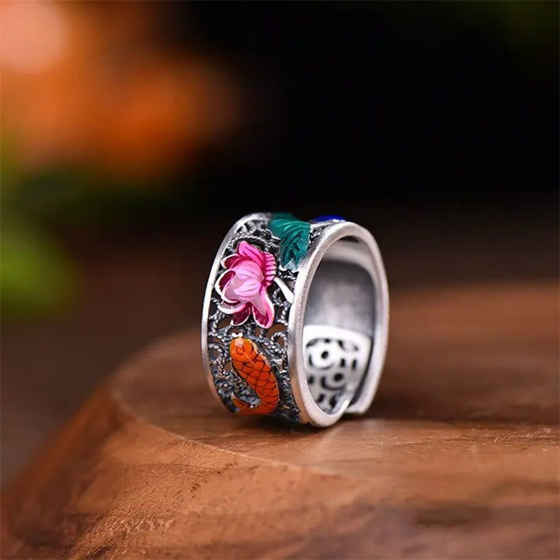 Buddha Stones Copper Blue Enamel Lotus Heart Sutra Koi Fish Luck Ring - image 9