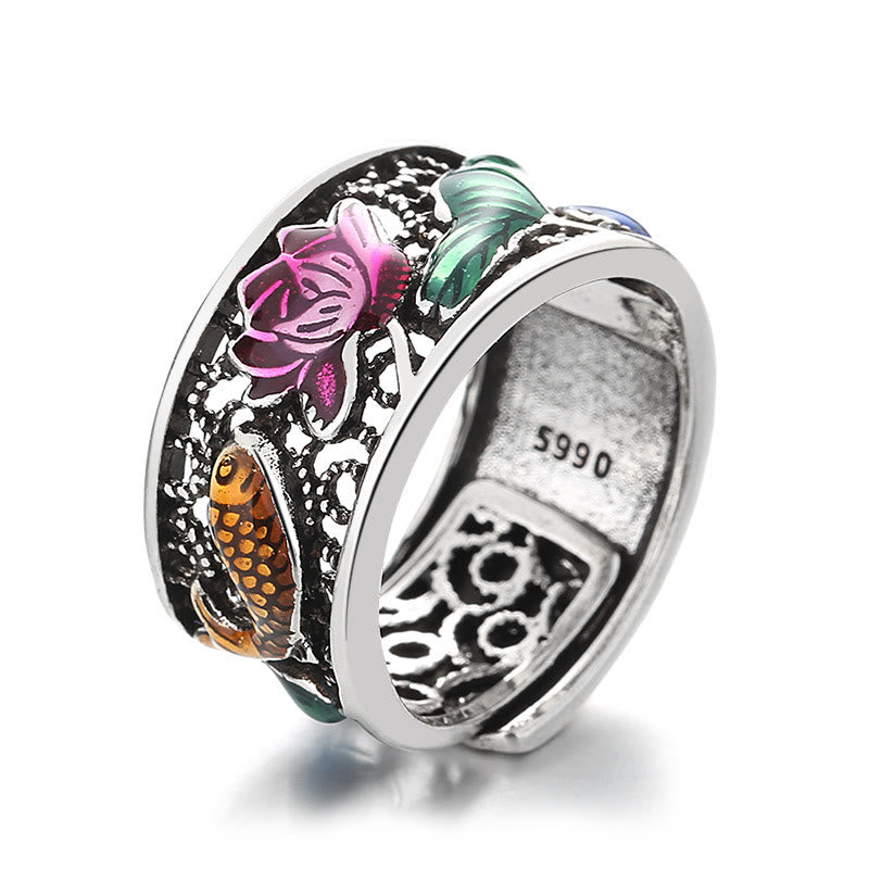 Buddha Stones Copper Blue Enamel Lotus Heart Sutra Koi Fish Luck Ring - image 11