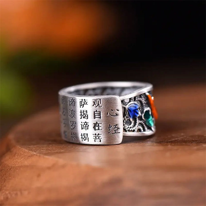 Buddha Stones Copper Blue Enamel Lotus Heart Sutra Koi Fish Luck Ring - image 3
