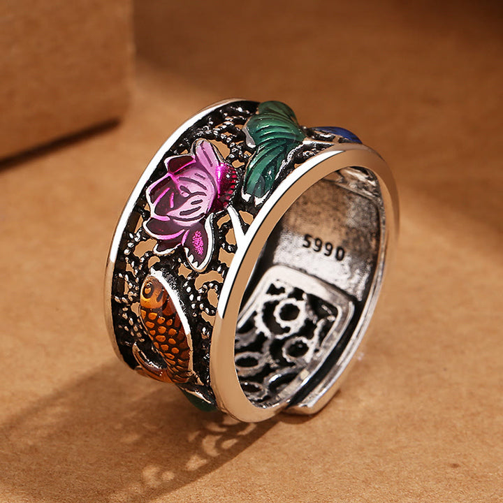 Buddha Stones Copper Blue Enamel Lotus Heart Sutra Koi Fish Luck Ring - image 2