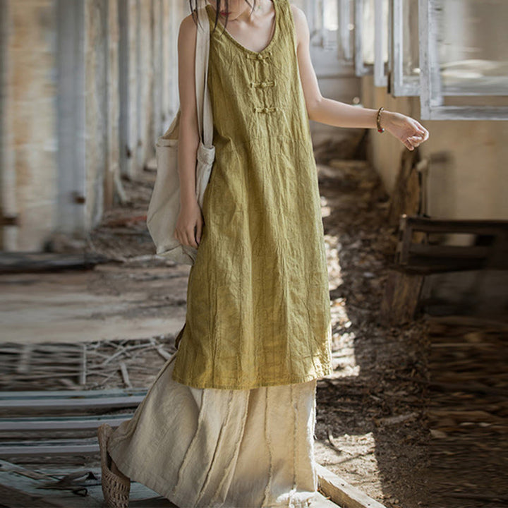 Buddha Stones Frog-Button Sleeveless Cami Midi Dress Ramie Linen Wide Leg Pants With Pockets - Yellow Dress&Beige Pants - US4-8/10,UK/AU8-12/14,EU36-40/42 (F) - image 0